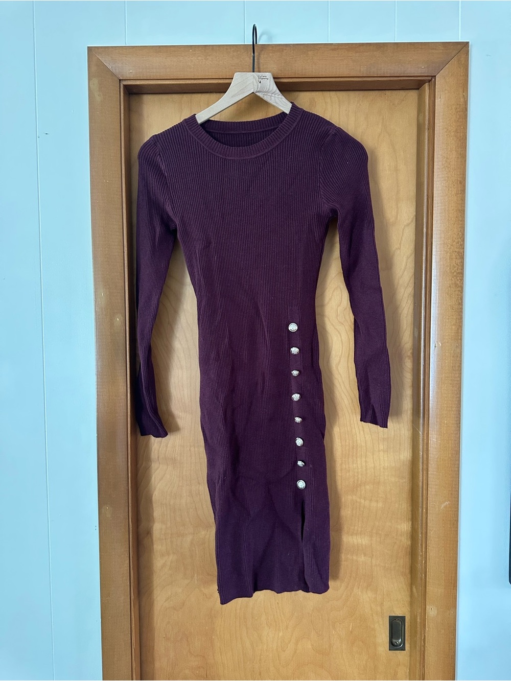 Long Sleeve Ribbed Purple Button-Accent Dress